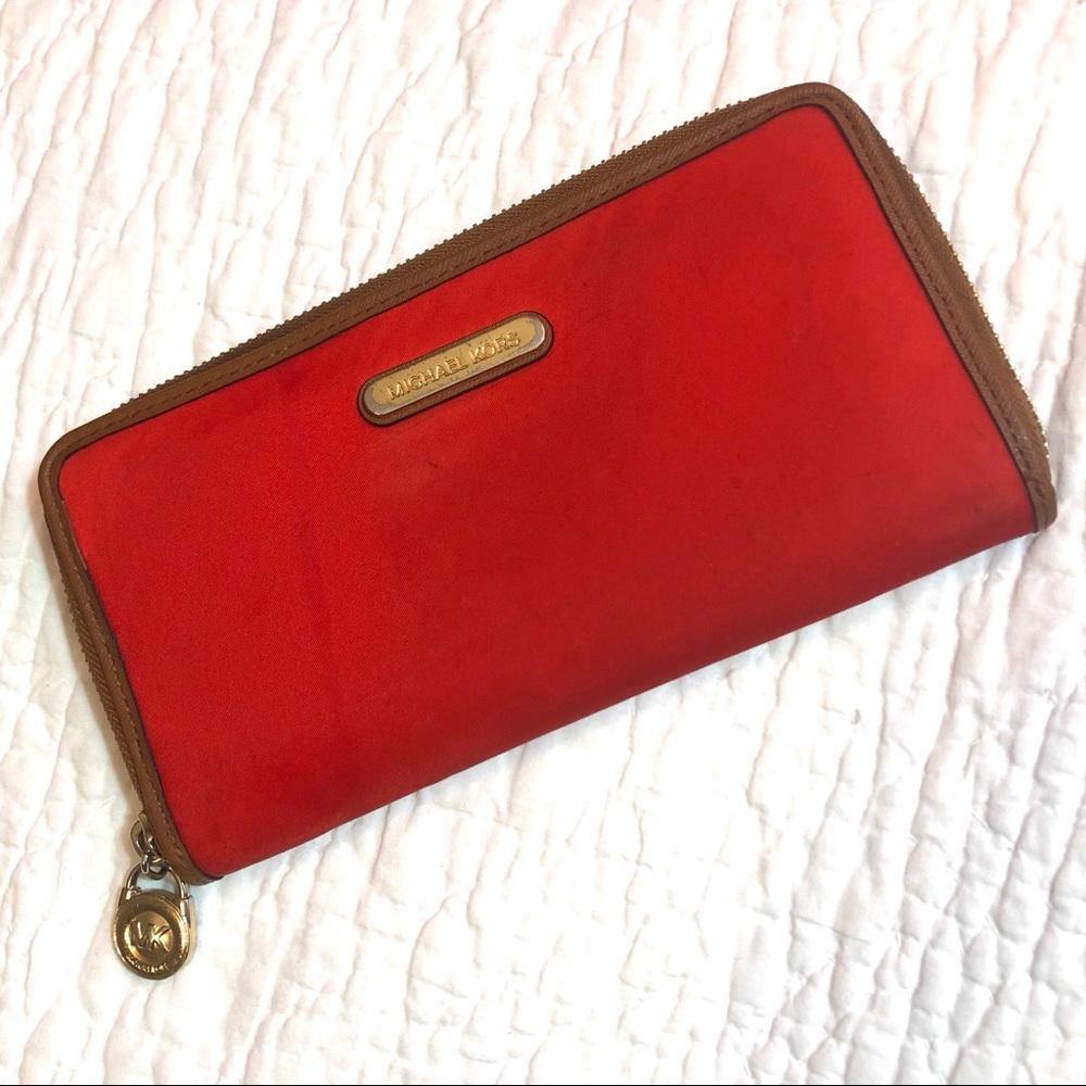 MICHAEL KORS Red With Brown Leather Nylon Wallet